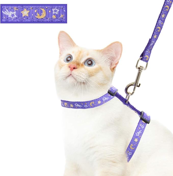 Cat Harness and Leash Set for Outdoor Walking Escape Proof Adjustable Soft Safety Strap with Golden Star and Moon Design Glow in The Dark Purple Medium