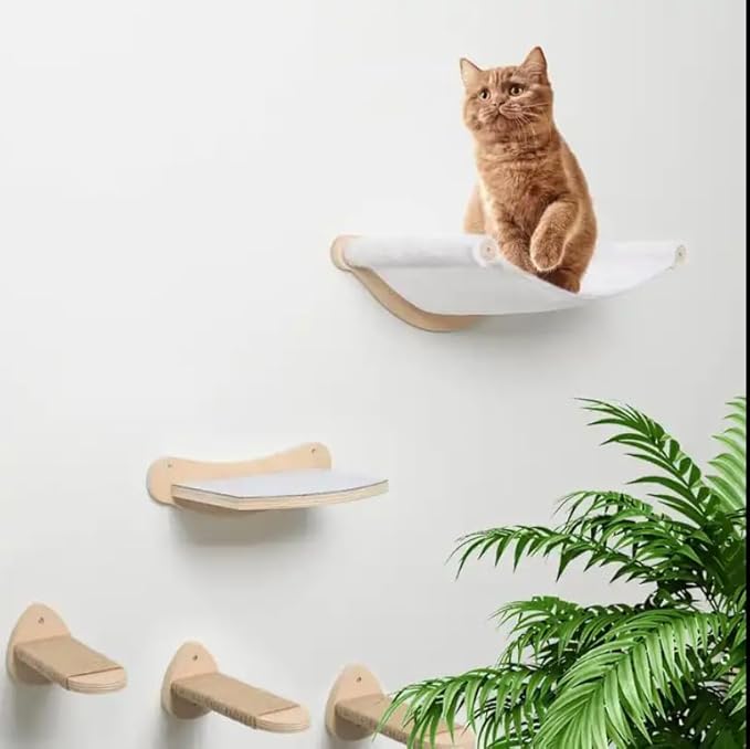 Cat Hammock | 3 Piece Wall Mounted Cat Furniture Set | Cat Hammock, Jute Padded Steps and Cat Shelf | Modern Cat Furniture for Sleeping, Playing, Climbing | Cat Bed & Perch for Cats or Kittens