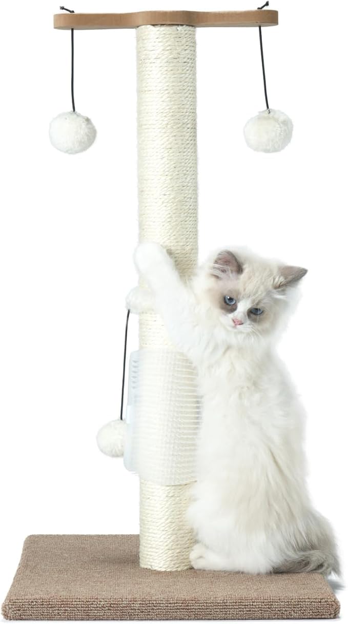 PAWSFANS Cat Scratching Post Sisal Vertical Scratcher Posts for Indoor Cats and Kittens,Three Hanging Ball Toy and Self-Grooming Brush,26inches Cat Scratch Pole Beige