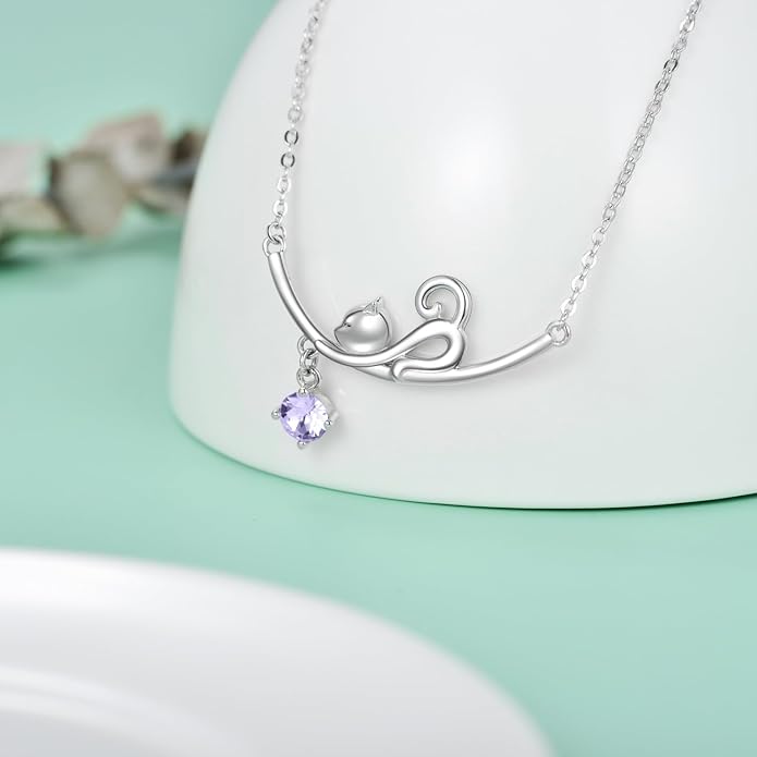 AOBOCO 925 Sterling Silver Lovely Cat Kitten Pendant Necklace with 12 Months Birthstone Crystal from Austria, Christmas Birthday Jewelry Gifts for Cat Lover