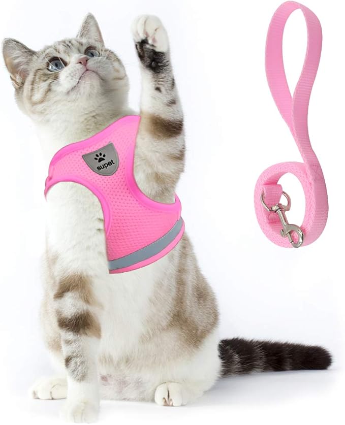 Supet Cat Harness and Leash Set - Soft Mesh Adjustable Cat Vest Harness with Reflective Strap for Walking Cat and Puppy Rabbit
