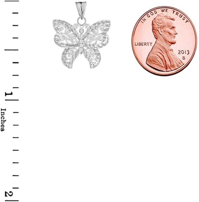 Animal Kingdom Elegant Sterling Silver Filigree & Sparkle-Cut Butterfly Charm Pendant Necklace