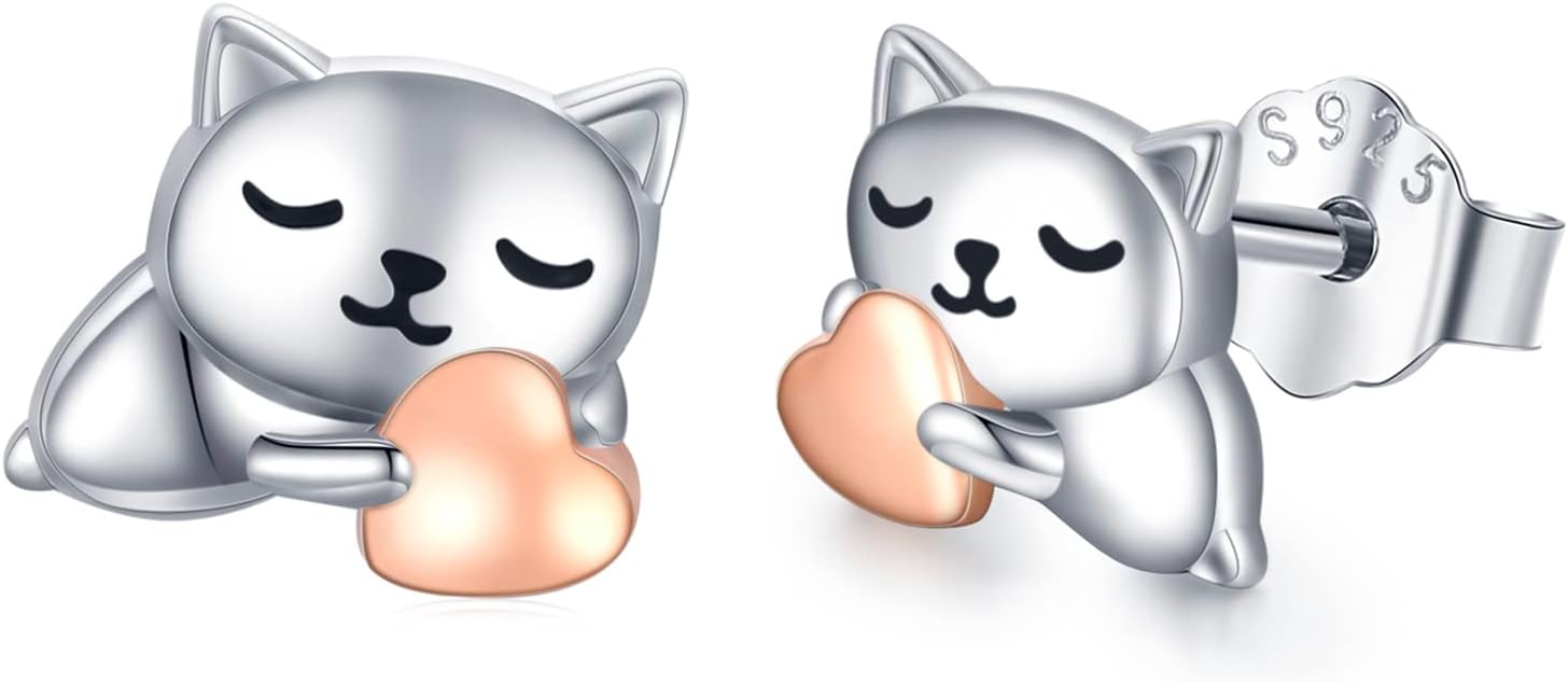 925 Sterling Silver Cat Earrings Cute Animal Kitten Stud Earrings cat Jewelry Gifts for Women Girls Hypoallergenic Earrings for Sensitive Ears