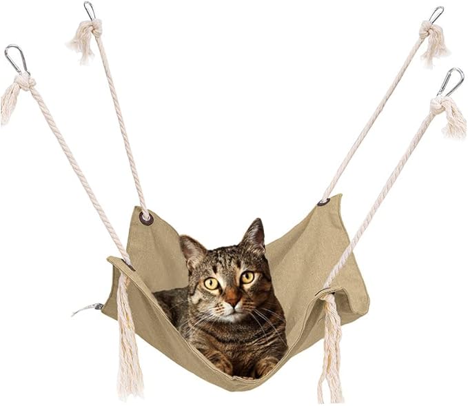 Cat Hammock, Breathable Pet Cage Hammock, Cat Hanging Bed with Metal Carabiners and Tassels, Cat Hanging Hammock for Cage, Hammocks for Kittens, Rabbits, Small Dogs (Khaki)
