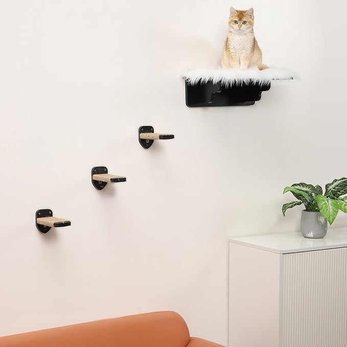 Cat Wall Shelves, Cat Shelves and Perches for Wall, Cat Wall Furniture, Cat Wall Mount Climbing Shelf with 3 Steps Scratch Post, Cat Bed Hammock with Plush Covered for Indoor Cats (Black)