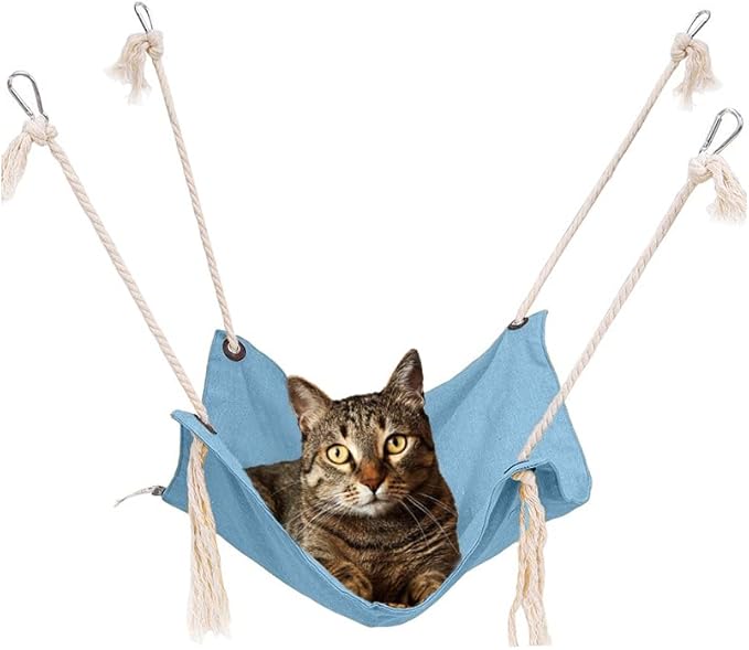 Cat Hammock, Breathable Pet Cage Hammock, Cat Hanging Bed with Metal Carabiners and Tassels, Cat Hanging Hammock for Cage, Hammocks for Kittens, Rabbits, Small Dogs (Light Blue)