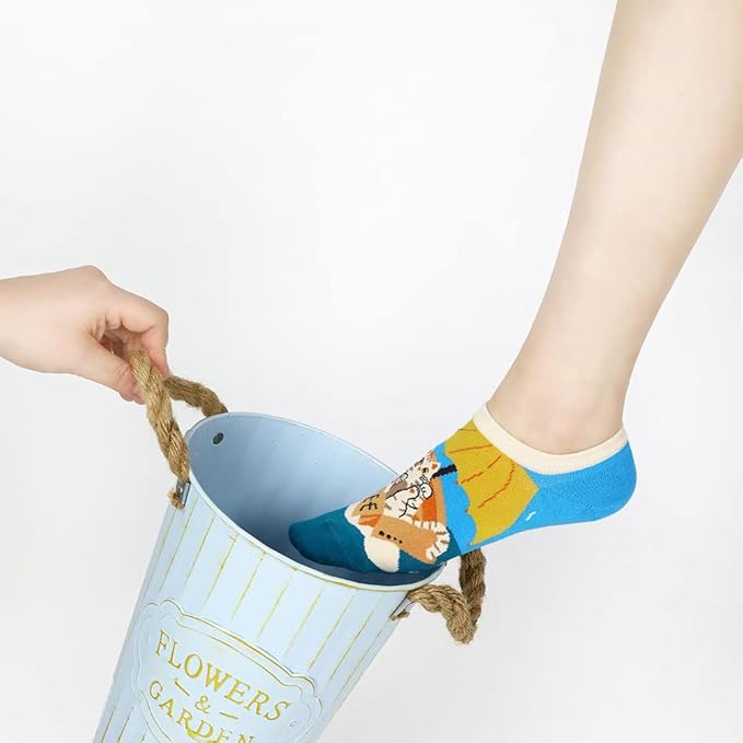 Angelteers 5 Pairs Cute Cartoon Animals Thin Cotton No Show Socks for Women Teen (US, Alpha, One Size, Regular, Regular, Cat)