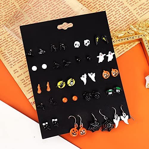 5-26Pairs Halloween Thanksgiving Fall Christmas Theme Earrings Set Holiday Earrings Halloween Stud Earrings Set Spider Pumpkin Ghost Bat Web Skull Drop Earring Holiday Jewelry Gifts