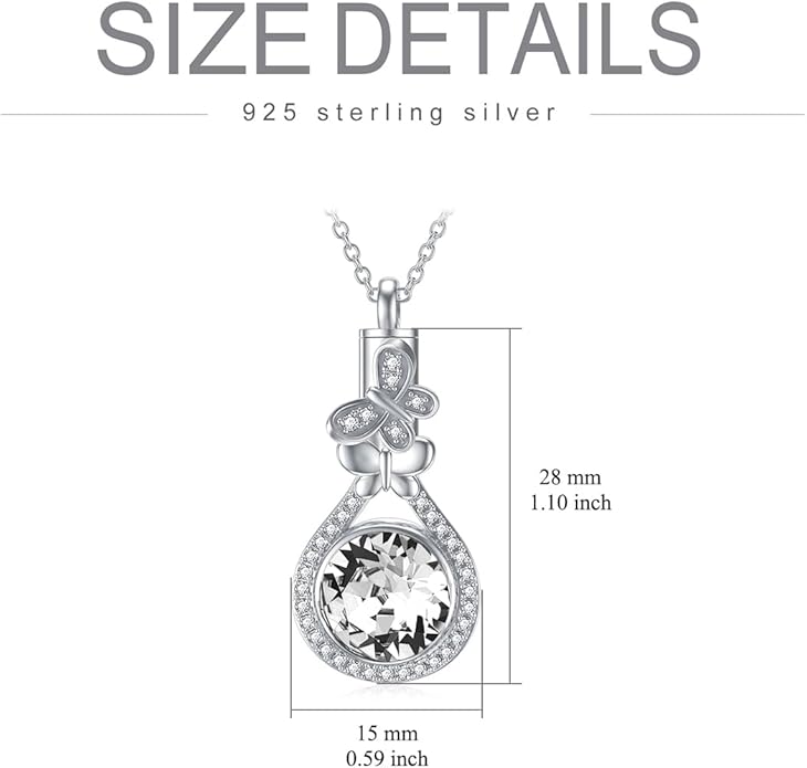 AOBOCO Butterfly Urn Necklace for Ashes 925 Sterling Silver Butterfly Cremation Jewelry Memorial Keepsake Pendant with 12 Months Birthstone Crystal from Austria
