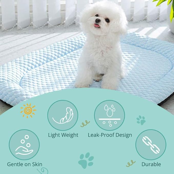 Pet Cooling Mat for Cats and Small Dogs, Self Cooling Fabric, Lightweight, Soft and Comfortable, Leak-Proof, Non Gel, Washable, Cozy Sleeping mat, Indoor/Outdoor (Blue, Large)