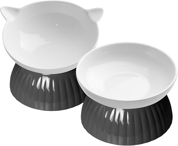 2 Ceramic Raised Cat Food Bowls, Elevated Cat Food and Water Bowl Set, Pet Bowl for Indoor Cats and Small Dogs, Anti-Vomiting Cat Dog Feeder with Plastic Base, Dishwasher Safe, Black…