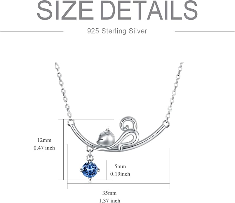 AOBOCO 925 Sterling Silver Lovely Cat Kitten Pendant Necklace with 12 Months Birthstone Crystal from Austria, Christmas Birthday Jewelry Gifts for Cat Lover