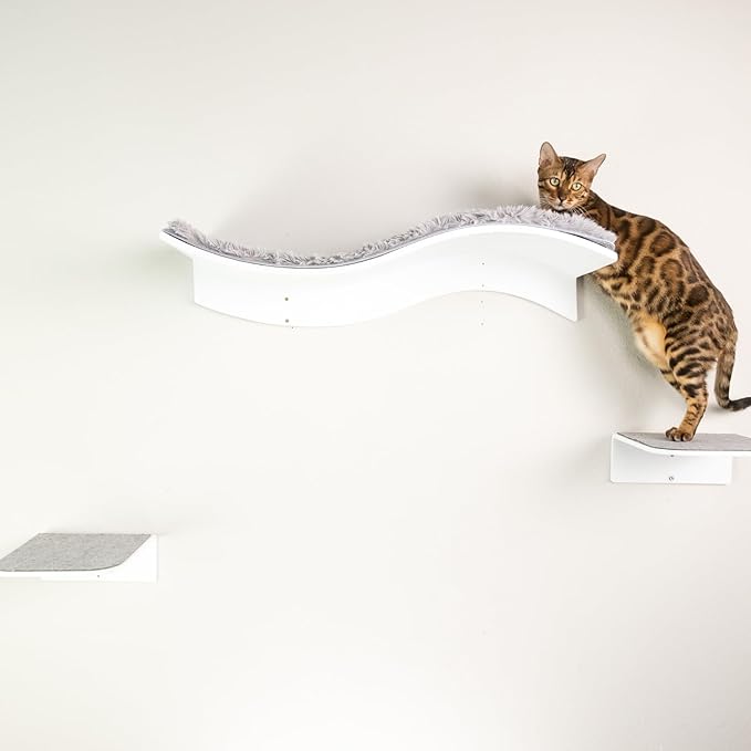 Cat Shelf Wall Mounted Floating Cat Shelf Bed Furniture Climbing Wall for Cat Perching Sleeping Lounging with 2 Steps (Waved)