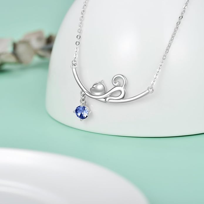 AOBOCO 925 Sterling Silver Lovely Cat Kitten Pendant Necklace with 12 Months Birthstone Crystal from Austria, Christmas Birthday Jewelry Gifts for Cat Lover