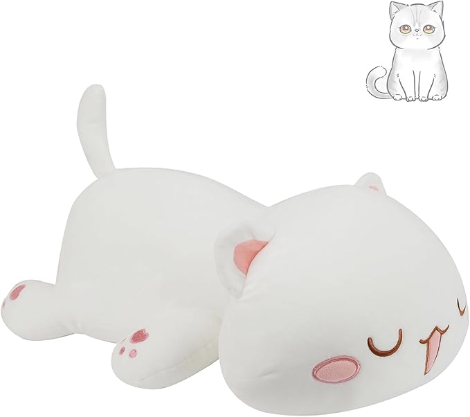 AFAN Cat Stuffed Animals Plush Cute Soft Cat Plush Pillow Toys Kawaii Plushies Room Decor Gifts for Kids Girls Boys (Squinted Eyes, White, 19.6 Inch)