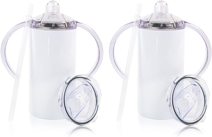 2 Pack Sublimation Blank Sippy Cup Tumblers with Handles Straight Stainless Steel Insulated Skinny Tumblers with Splash-proof Lid 12 oz Shatterproof Water Tumbler