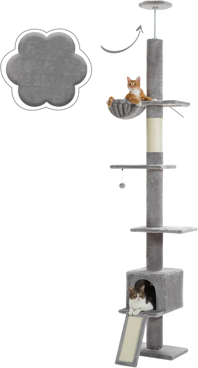 PETEPELA Floor to Ceiling Cat Tree, Cat Tower 5 Tiers Tall (83-108 Inches) Adjustable Height, Cat Climbing Tree Featuring with Cat Condo, Cat Scratching Post and Cat Perches for Indoor Cats, Grey