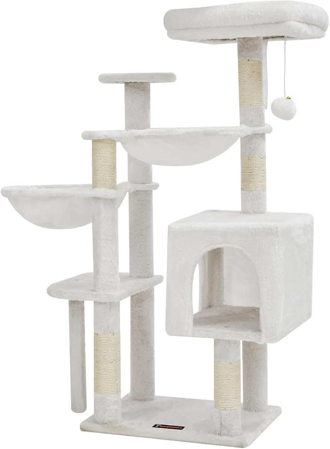 Taoqimiao Cat Tree, 39.4-Inch Cat Tower for Indoor Cats,Suitable for Kittens,Plush Cat Condo with 5 Scratching Posts, Plush Perch,2 Hammock,Pompoms, MS019C Cream White