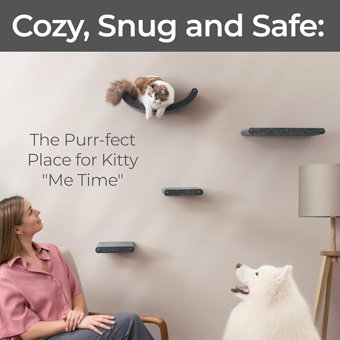 Pryde Pets Wall Mounted Cat Shelves - Set of 4 - Cat Wall Furniture to Enrich Your Feline. Modular and Modern Designed Cat Furniture for Indoor Cats (Charcoal)