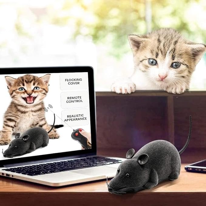 Aerbee Remote Control Rat Toy, Electric RC Mouse Toy Emulation Flocking Rat Toy Interactive Cat Toys Pet Toys Funny Wireless Chasing Prank Joke Scary Trick Rats Animal for Pets Novelty Gift