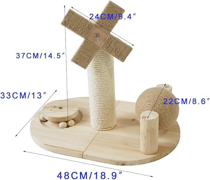 Cat Scratching Post, Cat Scratcher, Kitten Toys for Indoor,Cats Wooden Ball Track Windmill Shaped Sisal 14.5" Tall Scratch Post,Rolling Sisal Cat Scratching Ball