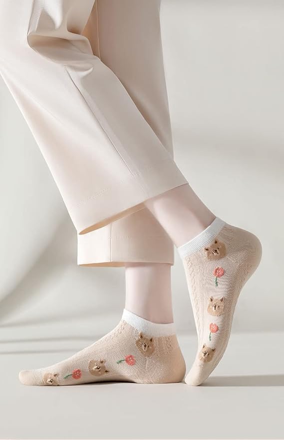 5/10 Pairs Combed Cotton Socks for Women with Cute Animals/Flowers Patterned Ankle Socks