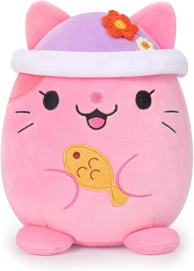 AIXINI Cute Pink Cat Plush Pillow 8" Kitten Stuffed Animal, Soft Kawaii Cat Plushie with Hat Outfit Costume Gift
