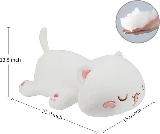 AFAN Cat Stuffed Animals Plush Cute Soft Cat Plush Pillow Toys Kawaii Plushies Room Decor Gifts for Kids Girls Boys (Squinted Eyes, White, 25.9 Inch)