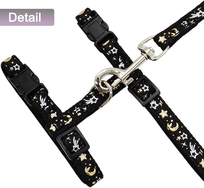Cat Harness and Leash Set for Outdoor Walking Escape Proof Adjustable Soft Safety Strap with Golden Star and Moon Design Glow in The Dark Black