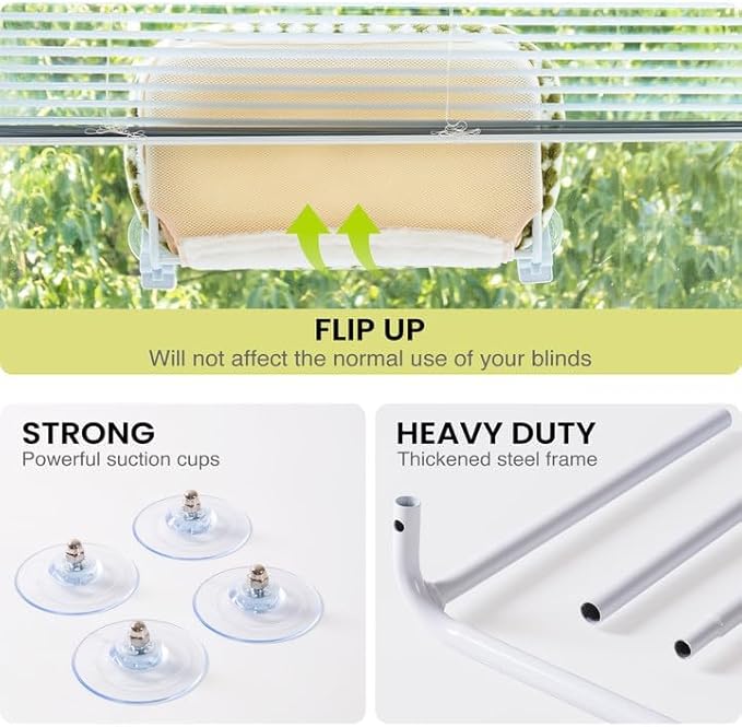 Mewoo Cat Window Perch, Cordless Cat Window Hammock with 4 Strong Suction Cups, Embeded Cat Hammock for Window, Steel Frame and Removable Soft Cover (Green, Medium)