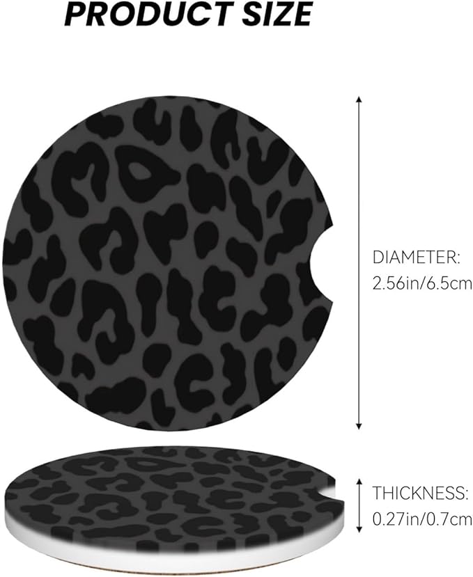 Absorbent Ceramic Car Coasters for Cup Holders, Black Leopard Cheetah Print Design 2.56" Anti Slip Universal Drink Cup Coasters for Women Men (2 Pack)