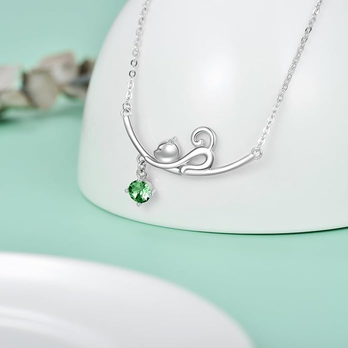 AOBOCO 925 Sterling Silver Lovely Cat Kitten Pendant Necklace with 12 Months Birthstone Crystal from Austria, Christmas Birthday Jewelry Gifts for Cat Lover