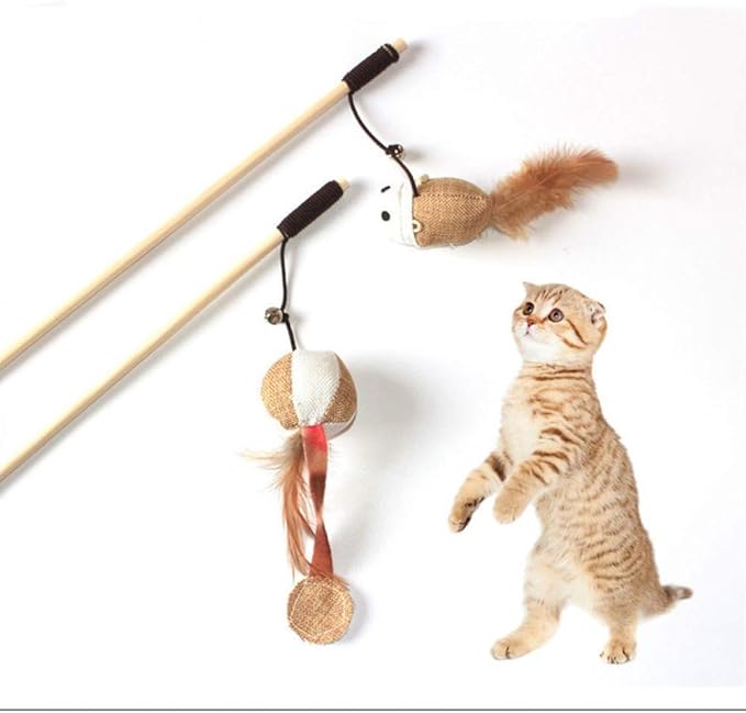 Artshu 6pcs/lot 40cm Pet Cat Teaser Toys Feather Linen Wand Cat Catcher Teaser Stick Cat Interactive Toys Wood Rod Mouse Toy with Mini Bell