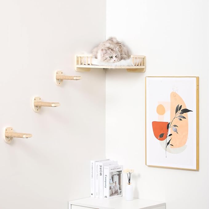 Cat Wall Shelves, Cat Shelves and Perches for Wall, Corner Cat Shelf, Cat Wall Furniture with 3 Steps Scratch Post, Cat Bed Hammock with Plush Covered, Climbing Shelf for Indoor Cats (Wood)