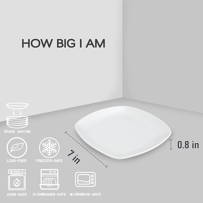 8 Pack Ceramic Appetizer & Dessert Plates, 7 inch White Square Dinner/Salad Plates for Snacks, Side Dishes, Casual Hosting, Dishwasher & Microwave Safe