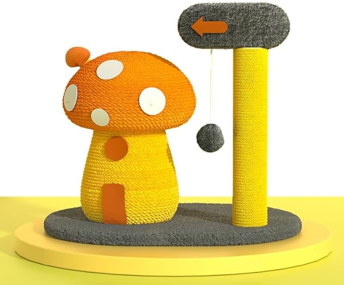 2-in-1 Cat Scratching Post, Mushroom Claw Scratcher Post for Indoor Cats, Natural Sisal Rope with Hanging Ball & Toys for Kittens to Satisfy Cats' Claw Instincts (T-b)