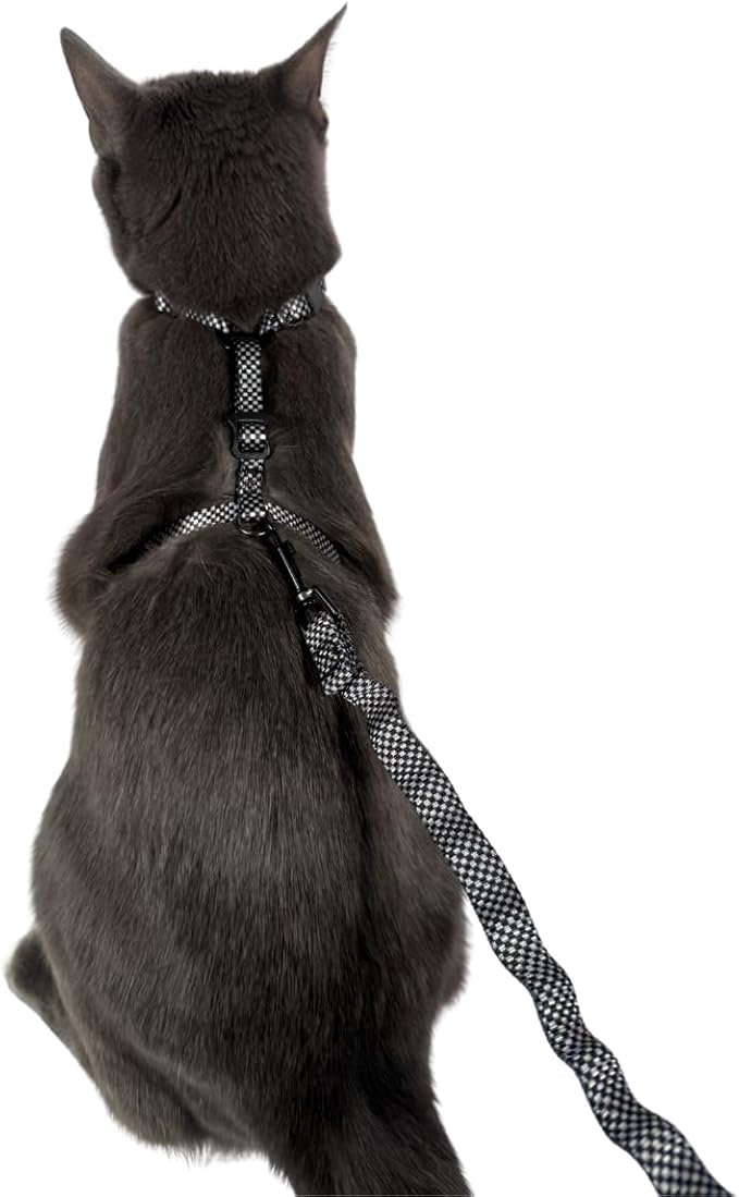 Travel Cat Harness and Bungee Leash Set - 2 in 1 Adjustable Escape Proof Cat Harness & Leash for Small, Medium, Large Cats, Kitten - Safe H-Style Cat Leash Harness for Outdoor Walking (Checkered)