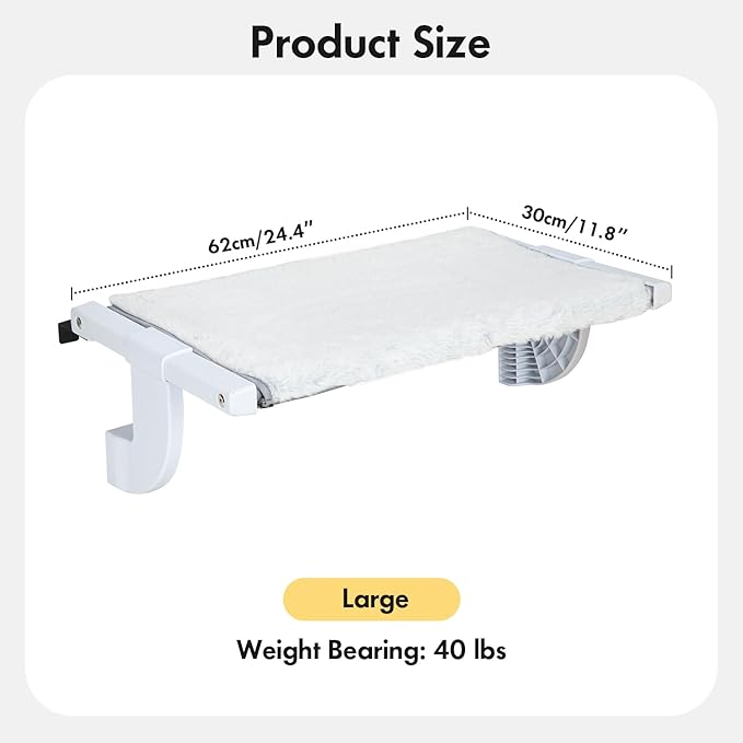 Window Sill Mount Cat Perch for Indoor Cats, One-Step Sliding Clamping Slot Adjustment Cat Hammock with Removable Two Fabrics Cover, No Suction Cups Cat Bed for Windowsill & Bedside (Large)