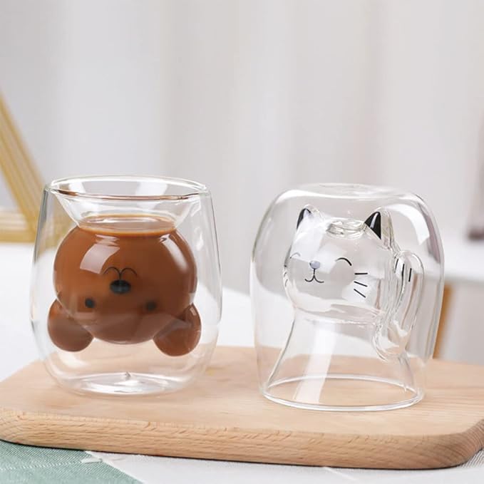 ANSQU Cute Mug Cat Tea Double Wall Glass Coffee Mugs, Espresso Shot Glass, Milk Mug (200 ml/6.8 oz), Personal Birthday Gifts and Holiday Gifts