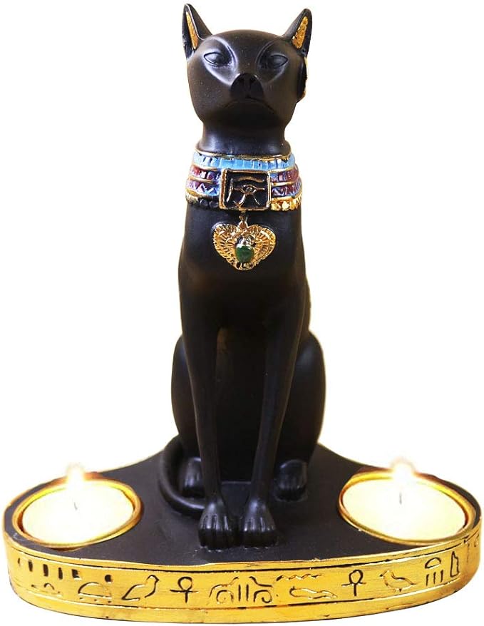 Ancient Egypt Egyptian Bastet Cat Goddess Statue Collectible Figurine Bastet Cat Sculpture with 2 Tea Light Candle Holder (Cat Statue with Candle Holder)