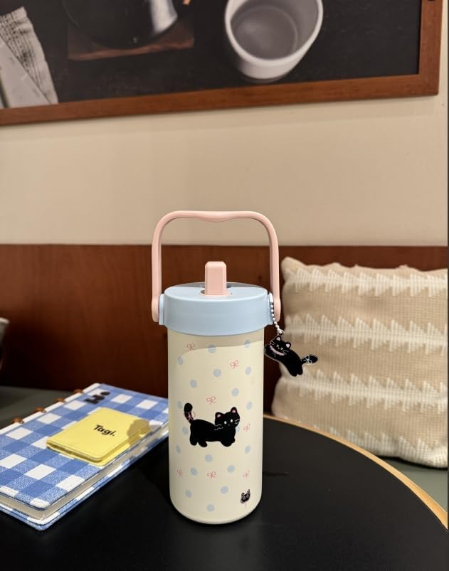 20 oz Cute Black Cat Pattern Insulated Tumbler with Straw and Lid, Stainless Steel School Travel Working Coffee Mug, Detachable Dust Cap, Built-In Filter Tea Drain, Great Gifts for Women & Girls