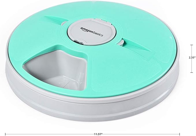 Amazon Basics Automatic Pet Feeder, Electronic Timed Dog and Cat Food Dispenser, 6 Portions, Plastic, Teal, 12" X 12" X 2.3"