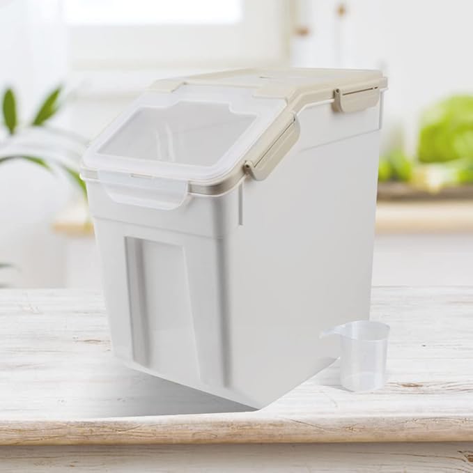 Airtight Dog Food Storage Container 15 lbs Capacity, Large Pet Food Storage Bin, Plastic Cat Food Box with Scoop and Measuring Cup (Grey)