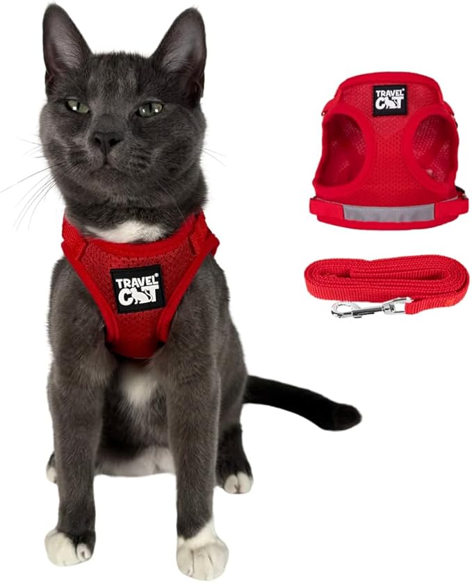 Travel Cat Harness and Leash Set - Adjustable Fit Mesh Cat Harness and Reflective Strap - Comfort Escape Proof Harness for Cats, Kitten for Outdoor Walking, Hiking (Medium, Red)