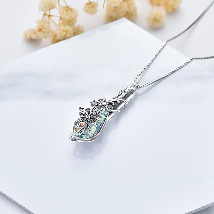 Animal Crystal Urn Necklace For Ashes Sterling Silver Butterfly Dragonfly Bee Phoenix Peacock Hummingbird Fox Angel Wing Pentagram Pentacle Cremation Necklace Heart Teardrop Urn Holder Necklaces For Women Memorial Jewelry