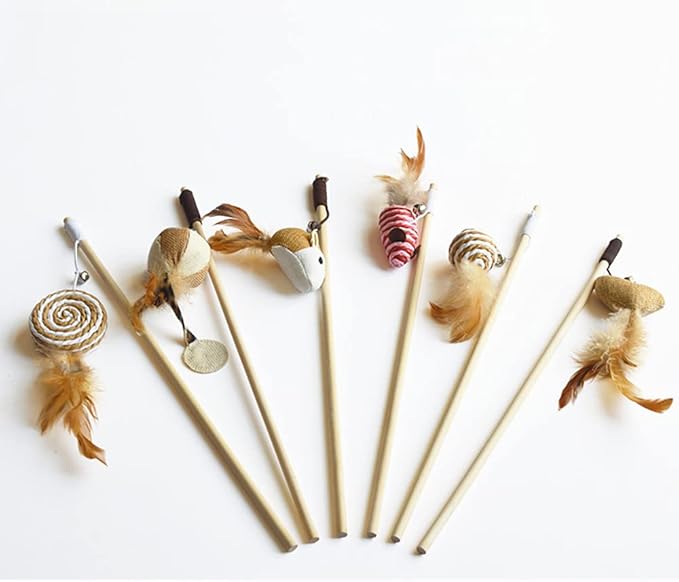 Artshu 6pcs/lot 40cm Pet Cat Teaser Toys Feather Linen Wand Cat Catcher Teaser Stick Cat Interactive Toys Wood Rod Mouse Toy with Mini Bell