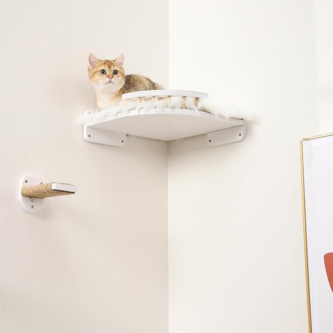 Cat Wall Shelves, Cat Shelves and Perches for Wall, Cat Wall Furniture, Corner Cat Shelf with 3 Steps Scratch Post, Cat Bed Hammock with Plush Covered, Climbing Shelf for Indoor Cats (White)
