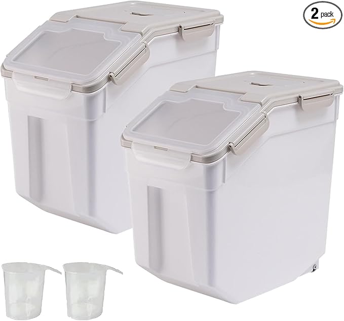 AnRui 2Pcs Airtight Flour Storage Containers 45LB, Large Rice Storage Container, Plastic Cereal Grain Dispenser Organizer Pet Dog Cat Food Storage Bin with Lid, with Measuring Cup, Scoop, Gray