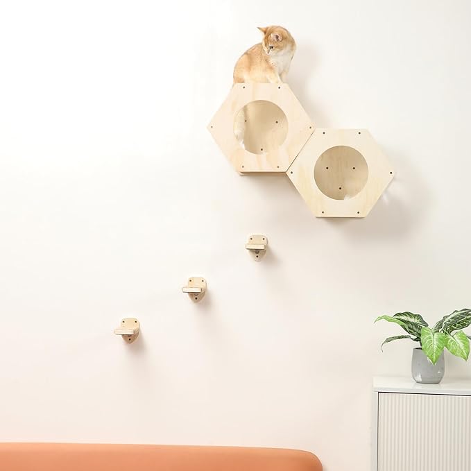 Cat Wall Shelves, Cat Shelves for Wall, Cat Wall Furniture, Cat Shelf with 3 Steps Scratcher Post, Cat Tree Hammock with Plush Wall Mounted, Climbing Shelf Wall Mount for Indoor Cats (Wood)
