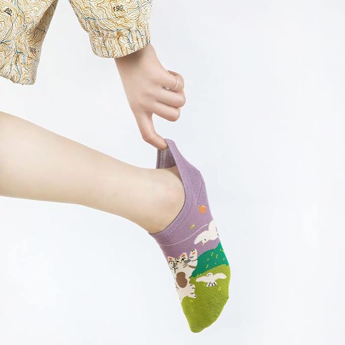 Angelteers 5 Pairs Cute Cartoon Animals Thin Cotton No Show Socks for Women Teen (US, Alpha, One Size, Regular, Regular, Cat)